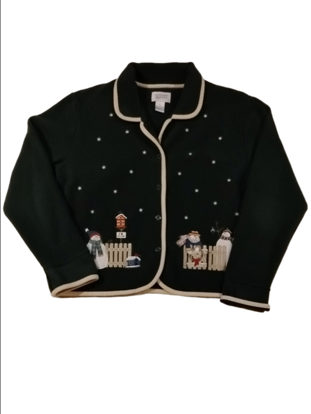 Christopher & Banks Green Holiday Fleece Button-Up Snowman Appliqués Jacket
